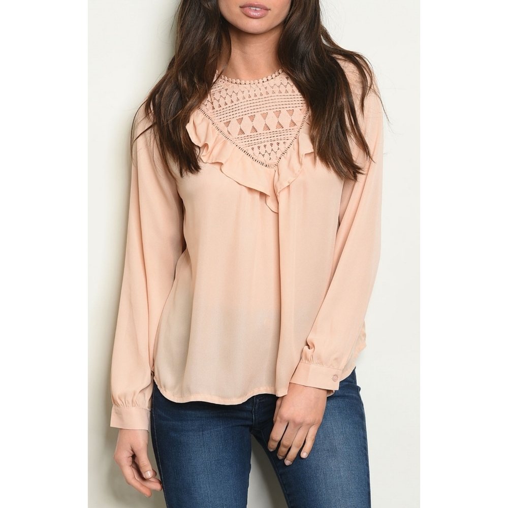 RolyPoly Crochet Inset Ruffle Front Blouse Blush